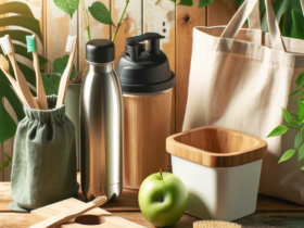 A collection of zero-waste lifestyle items including a reusable water bottle, cloth shopping bags, a compost bin, and a bamboo toothbrush, neatly arra