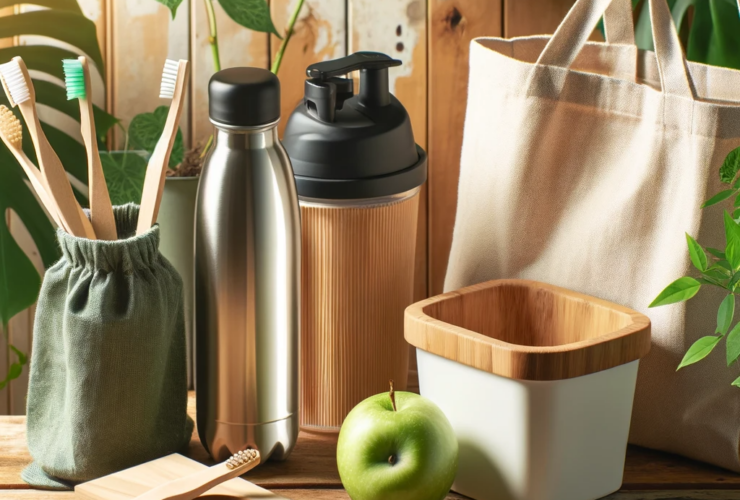 A collection of zero-waste lifestyle items including a reusable water bottle, cloth shopping bags, a compost bin, and a bamboo toothbrush, neatly arra