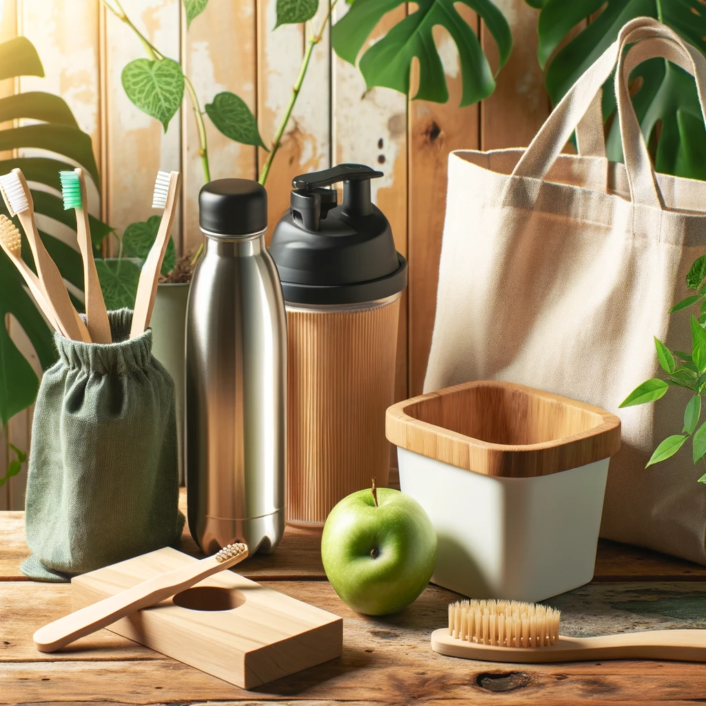 A collection of zero-waste lifestyle items including a reusable water bottle, cloth shopping bags, a compost bin, and a bamboo toothbrush, neatly arra