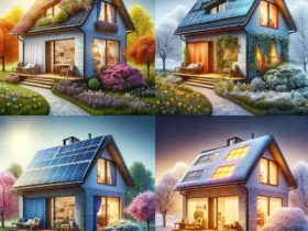 A photo-realistic image of a house in four different seasons depicting eco-friendly and energy-saving concepts. The spring section shows the house wit