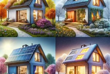 A photo-realistic image of a house in four different seasons depicting eco-friendly and energy-saving concepts. The spring section shows the house wit