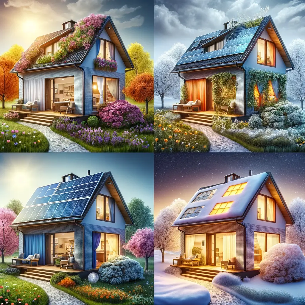 A photo-realistic image of a house in four different seasons depicting eco-friendly and energy-saving concepts. The spring section shows the house wit