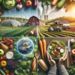 A collage showcasing sustainable eating and its positive impact on the environment. The image includes a variety of fresh, organic vegetables and frui