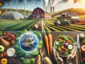 A collage showcasing sustainable eating and its positive impact on the environment. The image includes a variety of fresh, organic vegetables and frui