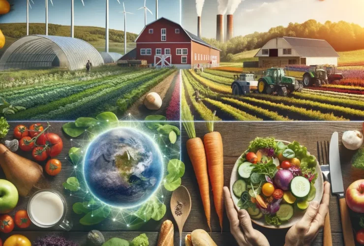 A collage showcasing sustainable eating and its positive impact on the environment. The image includes a variety of fresh, organic vegetables and frui