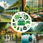 A collage representing green travel and environmentally conscious tourism. The image includes eco-friendly modes of transportation like bicycles and e