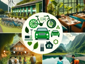 A collage representing green travel and environmentally conscious tourism. The image includes eco-friendly modes of transportation like bicycles and e