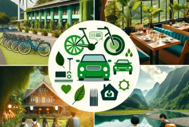 A collage representing green travel and environmentally conscious tourism. The image includes eco-friendly modes of transportation like bicycles and e