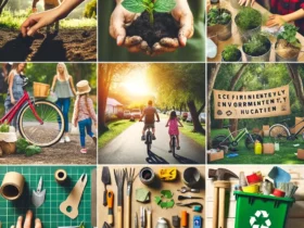 A collage representing eco-friendly parenting and raising environmentally aware children, focusing on activities rather than people's faces. Include