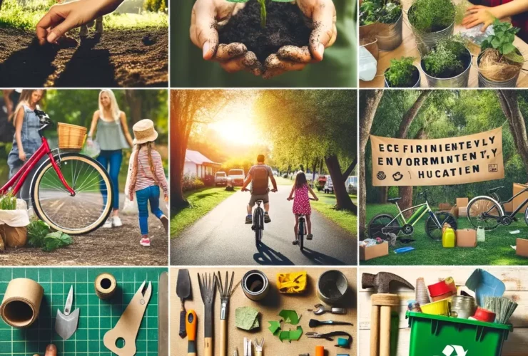 A collage representing eco-friendly parenting and raising environmentally aware children, focusing on activities rather than people's faces. Include