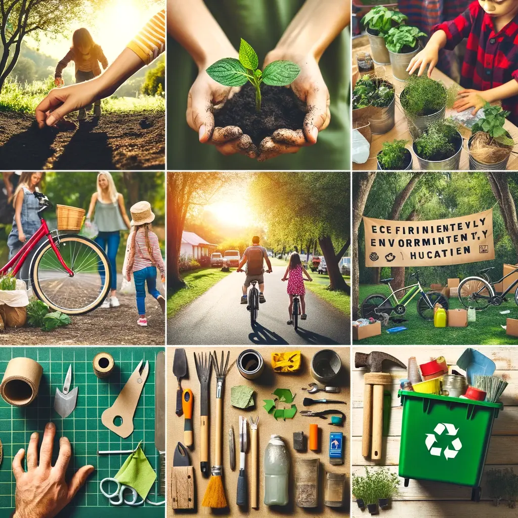 A collage representing eco-friendly parenting and raising environmentally aware children, focusing on activities rather than people's faces. Include