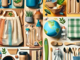 A collage showcasing alternatives to single-use plastics. Include images of reusable water bottles, cloth shopping bags, bamboo straws, a reusable cof