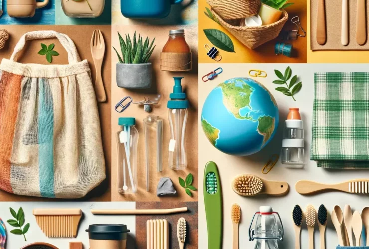 A collage showcasing alternatives to single-use plastics. Include images of reusable water bottles, cloth shopping bags, bamboo straws, a reusable cof