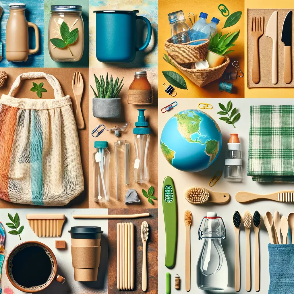 A collage showcasing alternatives to single-use plastics. Include images of reusable water bottles, cloth shopping bags, bamboo straws, a reusable cof